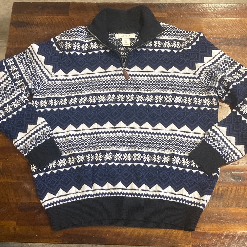 Aspen soft cotton fair isle sweater blues M 1/4 zip